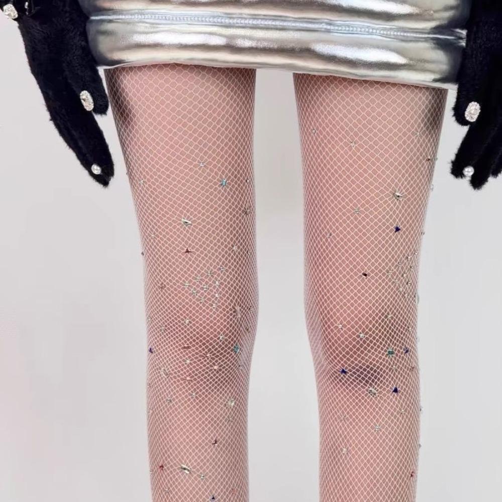 Irregular Rhinestones Colorful Fishnet Stockings Y2k Footed Stockings  Forr Girl Women