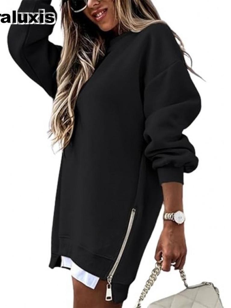 Autumn Fashion Patchwork Side Zipper Design Set Sweatshirt for Women