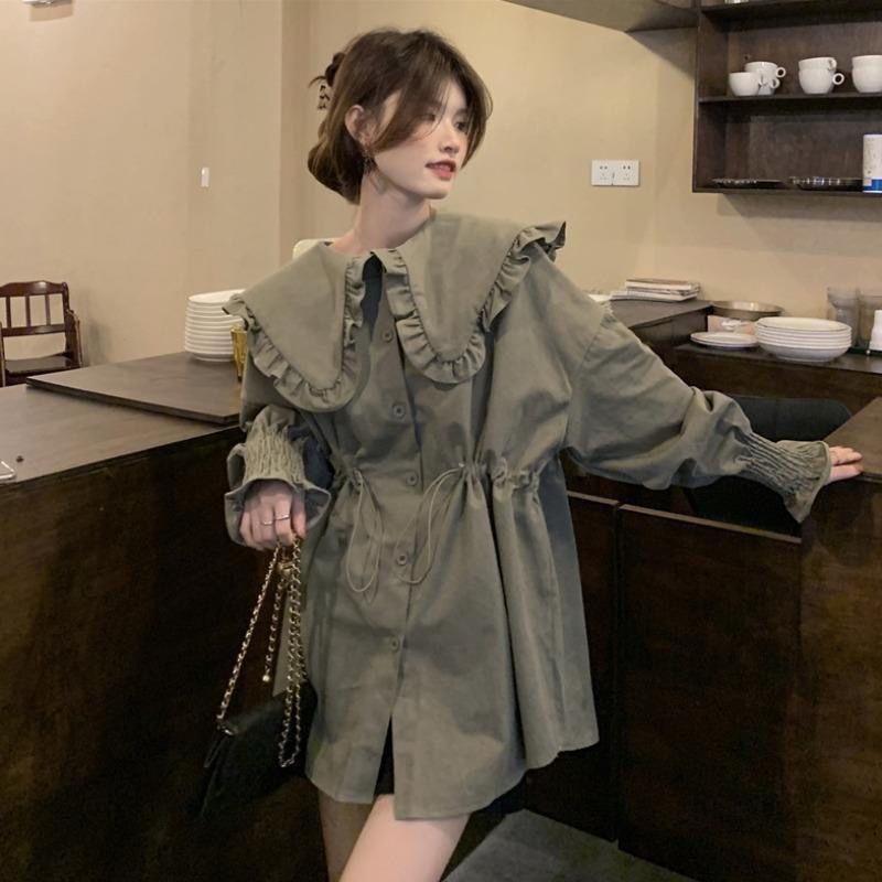 Elastic Waisted Women's Shirt Peter Pan Collar Ruffle Edge Lantern Sleeves Pleated Blouse Spring New Version Loose Female Top