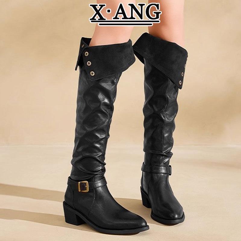 Cowhide Version Brown Over-the-knee Boots Children Wear Two Long Boots Pointed Thick Heel Thin Knight Boots Stack Boots High Boots