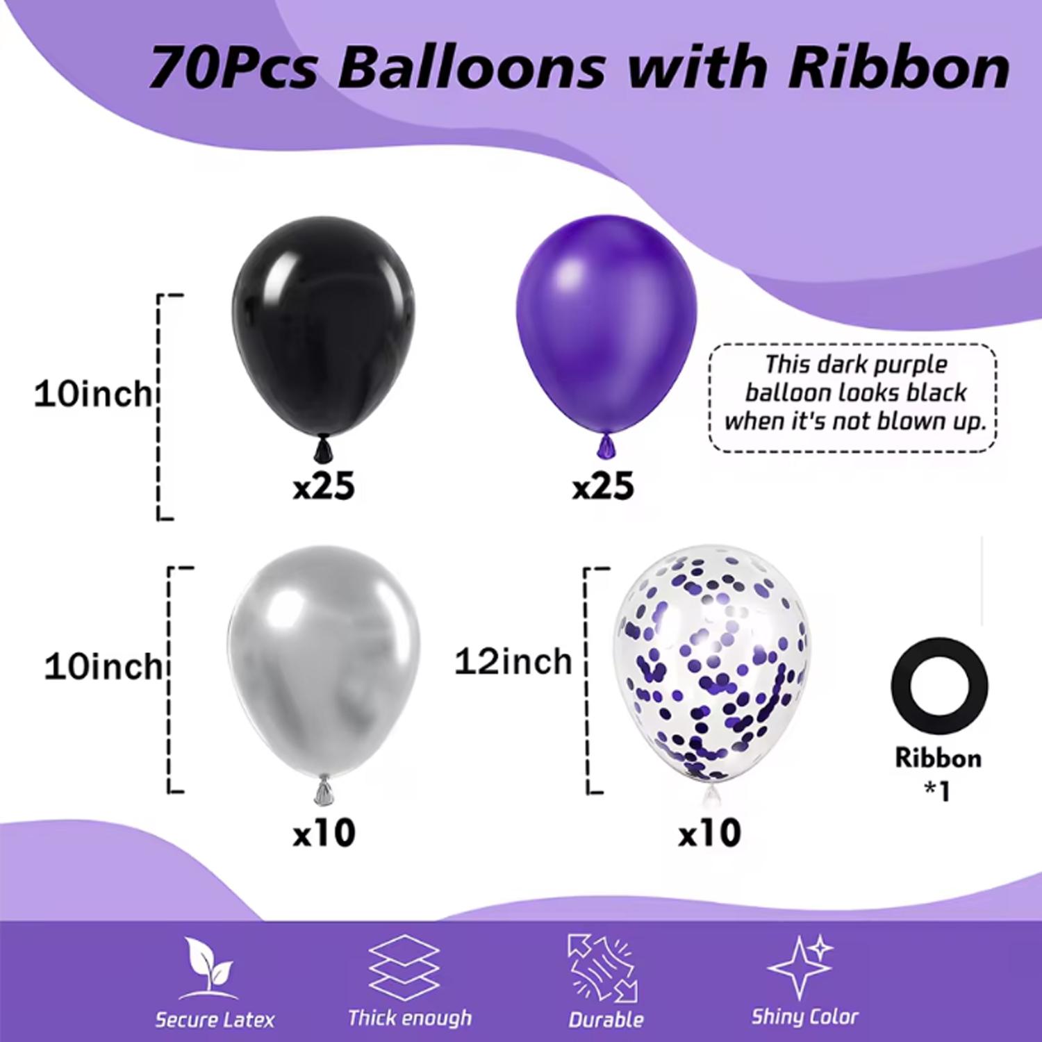 

70pcs 10 inch purple black metal silver latex balloons with purple confetti, suitable for weddings, birthdays parties Other