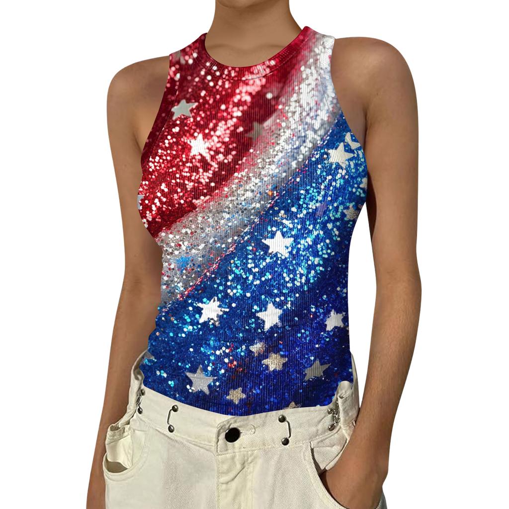 Women's Fashion Round Neck Independence Day Print Sleeveless Vest Top