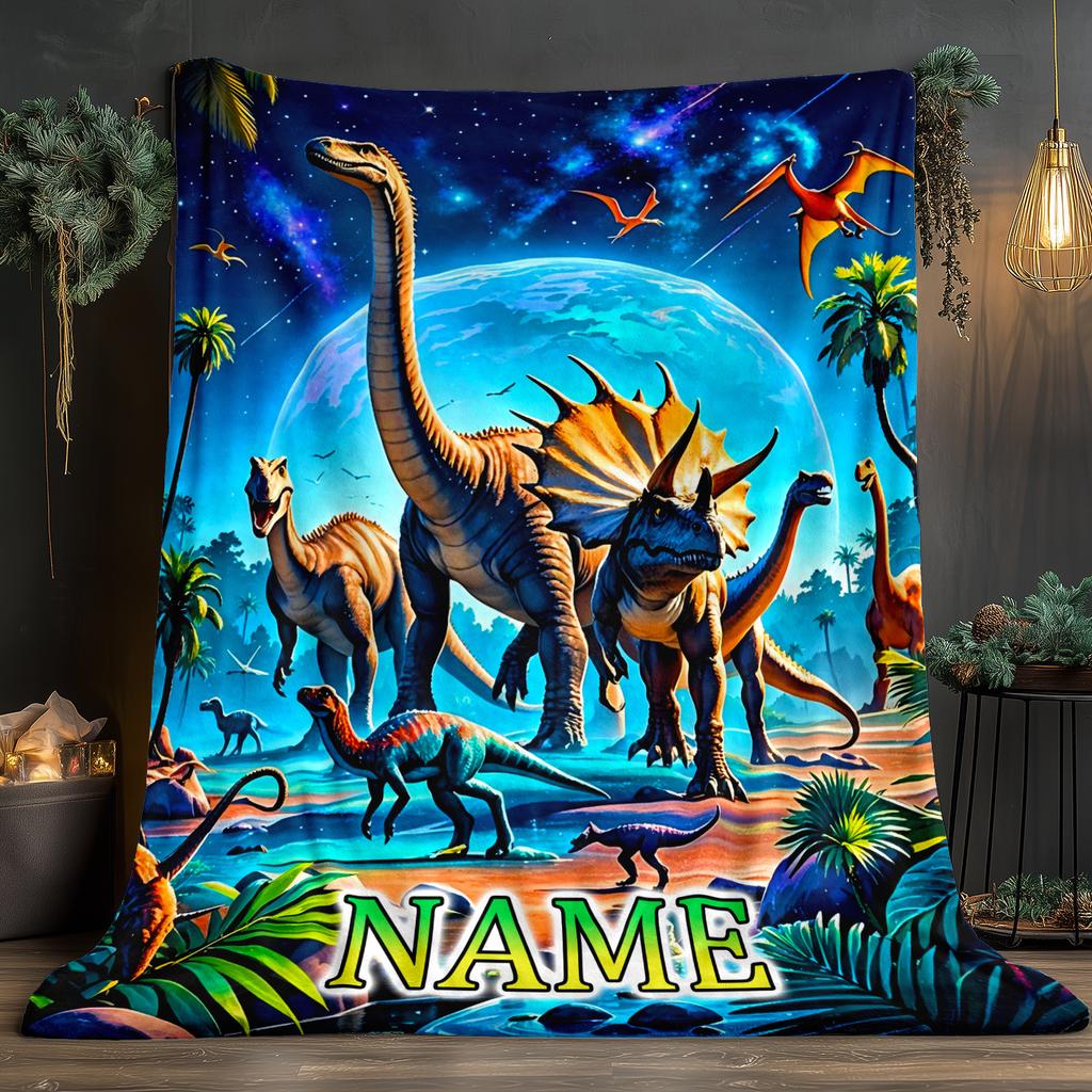 Custom Dinosaur Blanket Personalized Name Jurassic Scene Fleece Throw Kids Gift Soft Warm All Season Decor