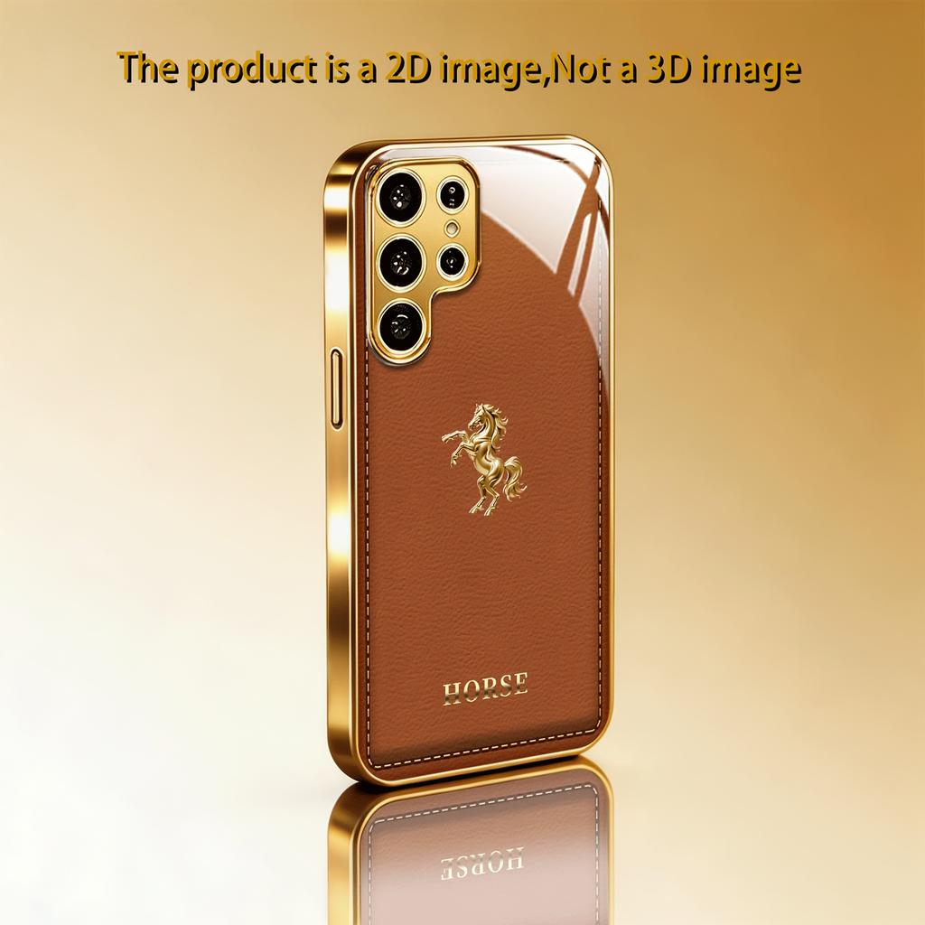 2D Brown Background Golden Horse Design Phone Case for Galaxy S26 S25 S24 S23 Ultra S22 Ultra S20 Ultra 56 A72 A73 5G