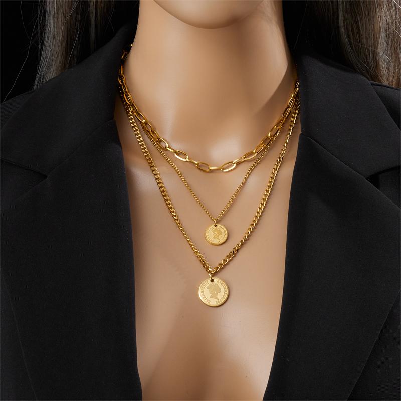 DIEYURO 316L Stainless Steel Gold Round Coin Portrait Pendant Necklace For Women Girl New Trend Multilayer Chains Jewelry