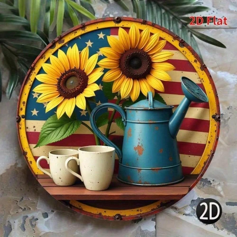 2D Sunflower Metal Wall Art Round Sign for Living Room Home Decor Holiday Gift