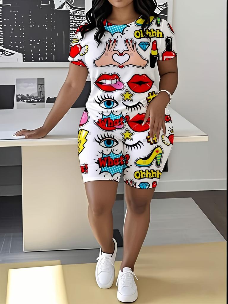 Abstract code European and American women's clothing butterfly printing T-shirt shorts set sports suit