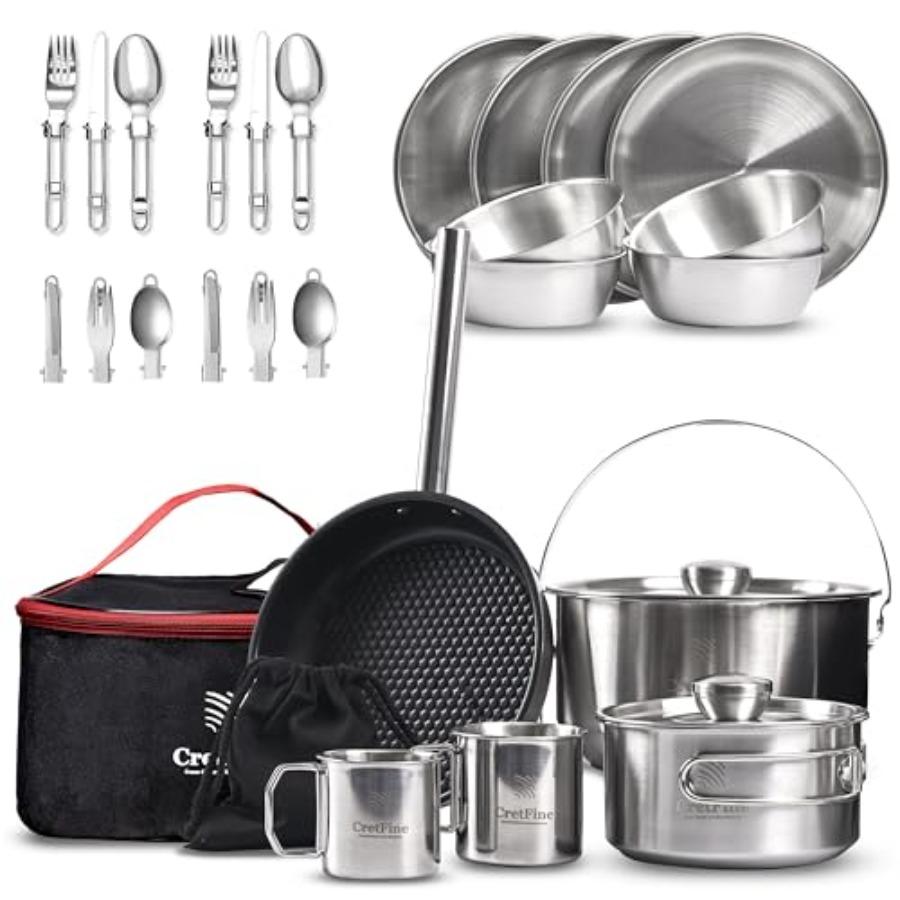 

CampPro 4-8 Person Stainless Steel Camping Cookware Set with Carrying Bag for Campfire Cooking RV Backyard Picnic Durable Kitch