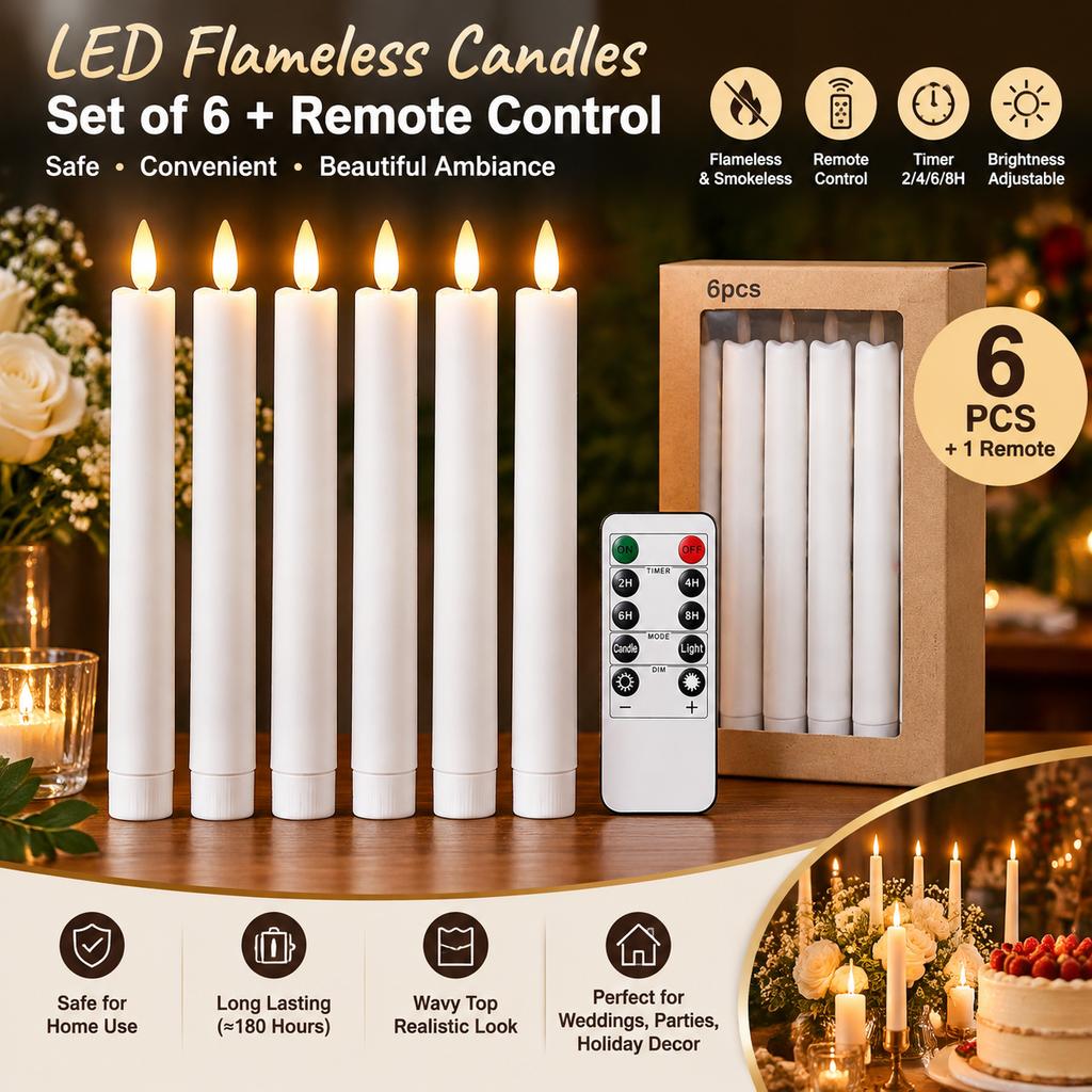 LED Electronic Candle Wavy Long Stem Remote Control Timer Smokeless Decor