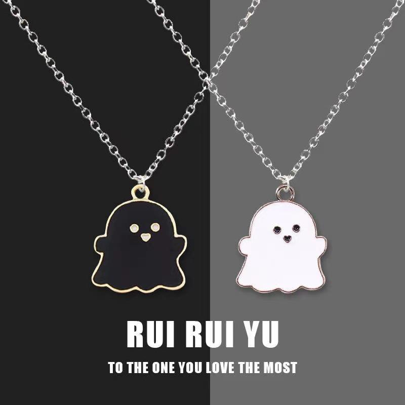 Black And White Ghost Necklace Halloween Gift Alloy Pendant Cartoon Style Regular Chain