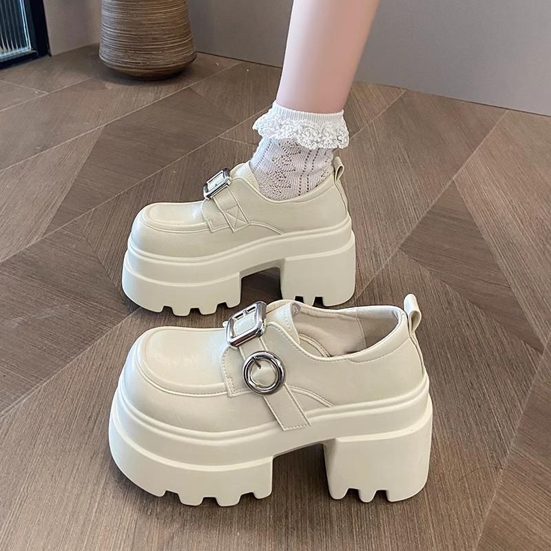 10CM Heels Women Leather Loafers Fad Designer Belt Buckle Lady Mary Jane Shoe Retro British Thick Sole Casual Shoe Zapatos Mujer