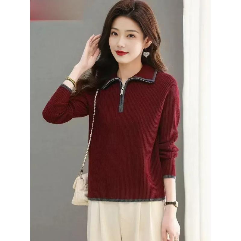 Half Zipper Stand-up Collar Women's Spring and Autumn New Medium Mother Embroidered Knitted Sweater with Bottom Clothes