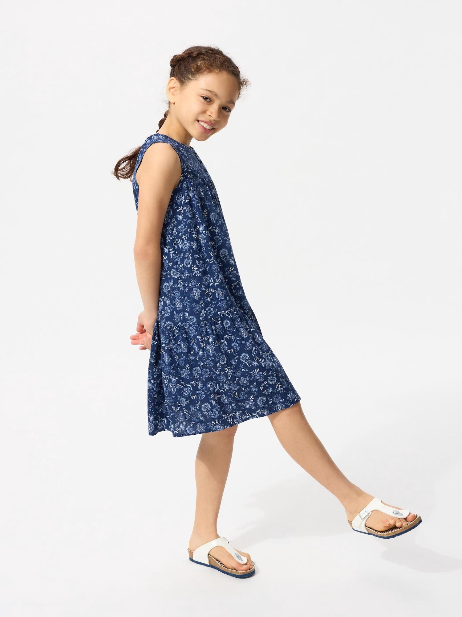 

Uniqlo Japan Girls Print Tiered Dress Sleeveless 68 BLUE/110