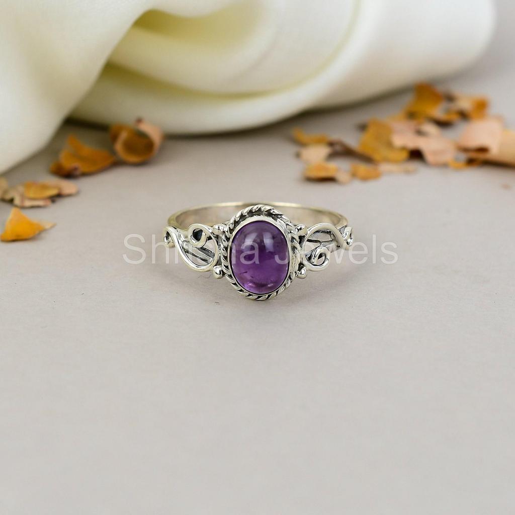 925 Sterling Silver Amethyst Oval Shape Purple Gemstone Ring For Women