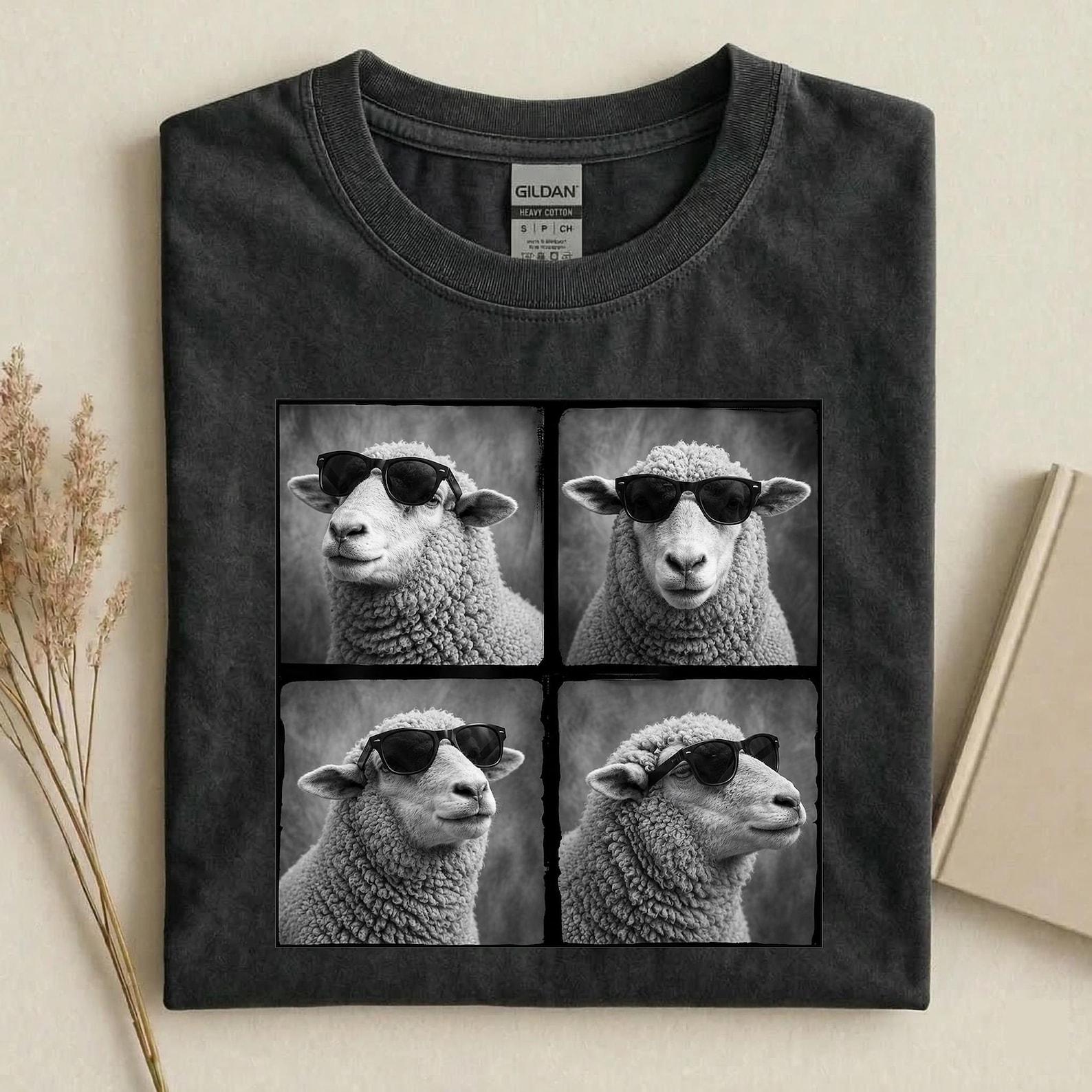 Funny Sheep With Sunglasses Shirt, Cool Sheep Photo Collage Tee, Farm Animal Lover Gift, Funny Livestock T Shirt M