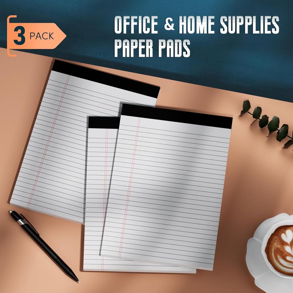 3 Pack White Legal Pads 8.5 x 11 Note Pads, Wide Ruled Notepads, Micro Perforated Lined Note Writing Pads 30 Sheets per Notepad Double-Side Printed