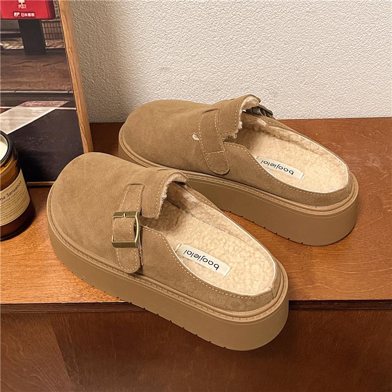 Baotou Thick-soled Boken Shoes, Fluffy Slippers for Women's Autumn and Winter Wear 2025 New Ins Trendy Muffin with Skirt Flat Bottom