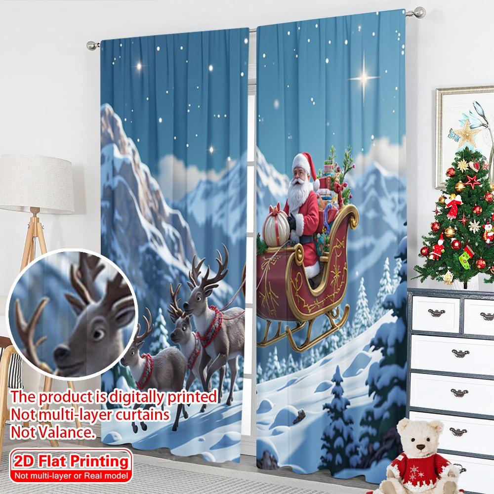 2pcs 2D flat printing Merry Christmas Window Drapes Santa Sleigh Deer Night Polyester Fabric Without Electricity Spring for
