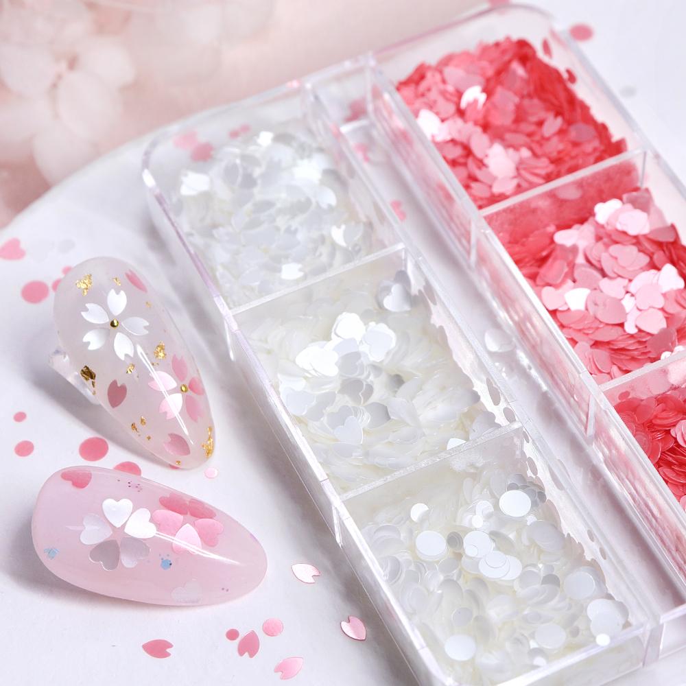 6 Gitter Blütenblatt Nagel Glitzer Pailletten Rosa Weiß Runde Flocke DIY Kirschblüten Blume Nail Art Dekoration Zubehör Sommer Nagelbedarf