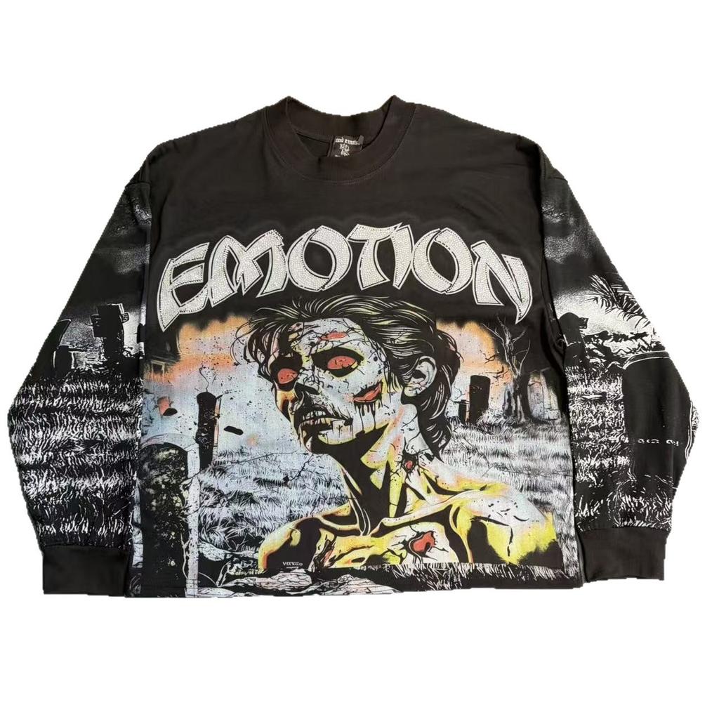 Meichao Retro Skull Diamond Letter Men'S And Women'S Base Loose Long-Sleeved T-Shirt