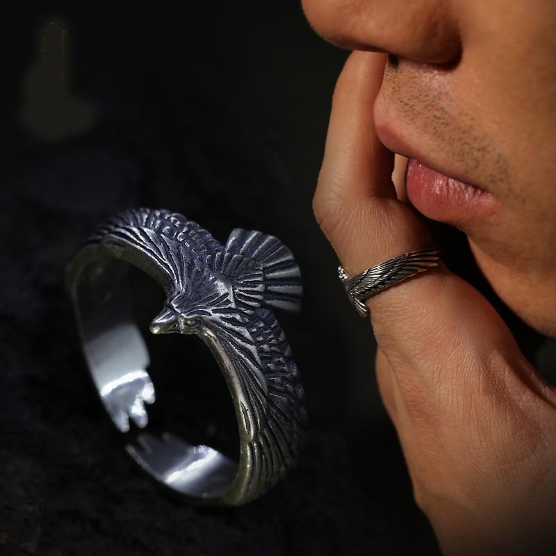 Adjustable Open Ring With Eagle Motif Sterling Vintage Bohemian Couple Finger Men Women