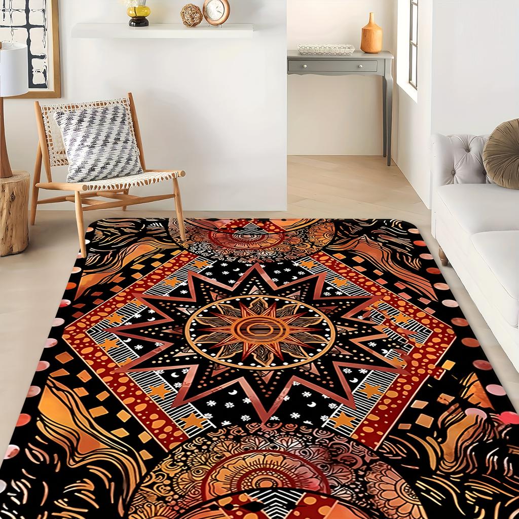 Ethnic Sun Mandala Print Flannel Area Rug Bohemian Style Floor Mat for Living Room Bedroom Home Decor Soft Non Slip