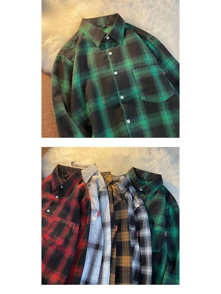 Retro rutig långärmad skjorta för kvinnor - Lös passform, Större storlekar, Koreansk stil Vårjacka