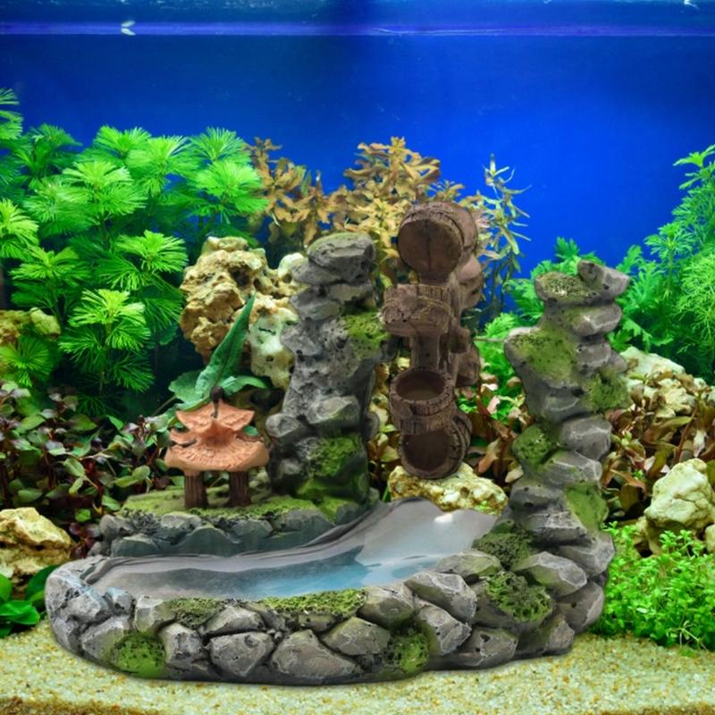 Resin Rockery Waterwheel for Fishtanks Aquariums Landscape Decoration with Pavilions Fish Shrimp Shelter Cave Decoration