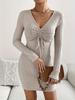 European & American Women's Solid Color Slimming Knitted Dress with Drawstring, Long Sleeves, for Autumn & Winter 2025