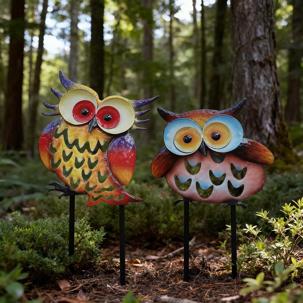 Metal Garden Stake Set with Owl Design Outdoor Decorative Yard Art Creative Iron Craft Lawn Ornament for Patio and Garden