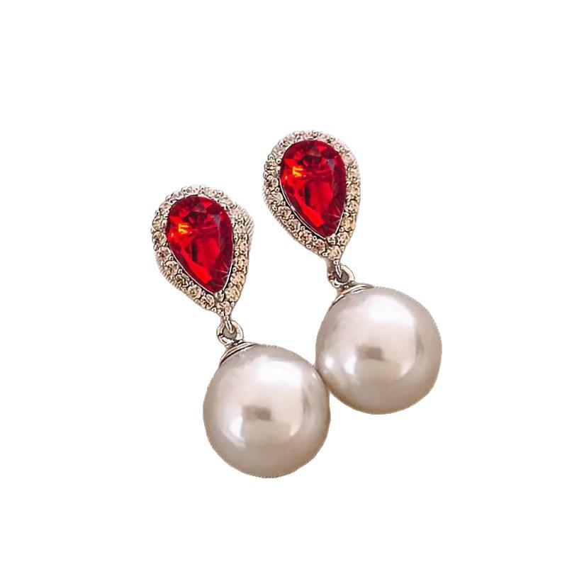 Red Water Droplet Zircon Pearl High End New Earrings Attend Banquet Elegant Trend Exquisite Fashion Luxury Accessories