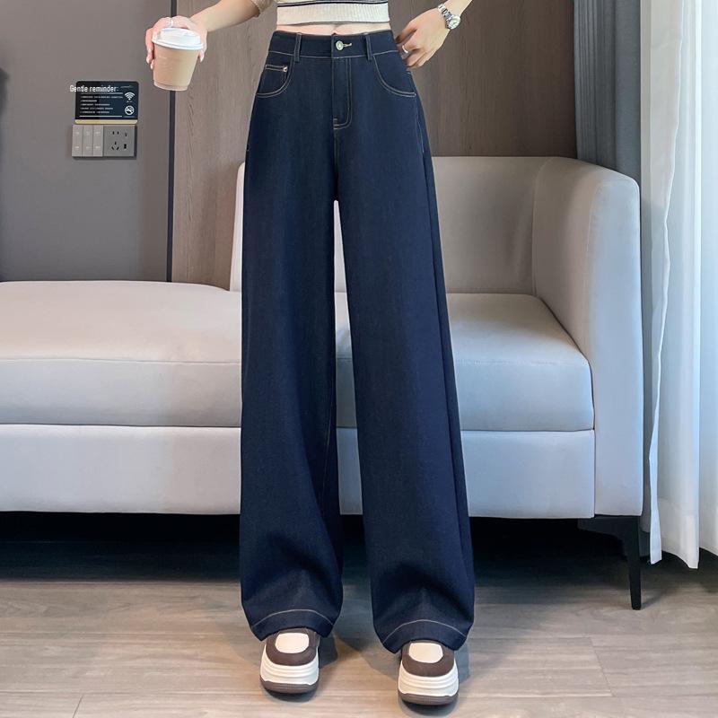 

Женские джинсы с высокой посадкой, из денима синего цвета, с широкими штанинами - Коллекция Осень 2025, Маленький размер, Драпирующиеся прямые штанины XL джинсовый синий