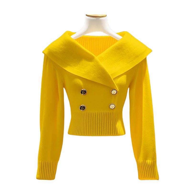 Women's Lapel Sweater Fall and Winter Solid Color Slim Knit Sweater Stretch Pullover Knitted Sweater