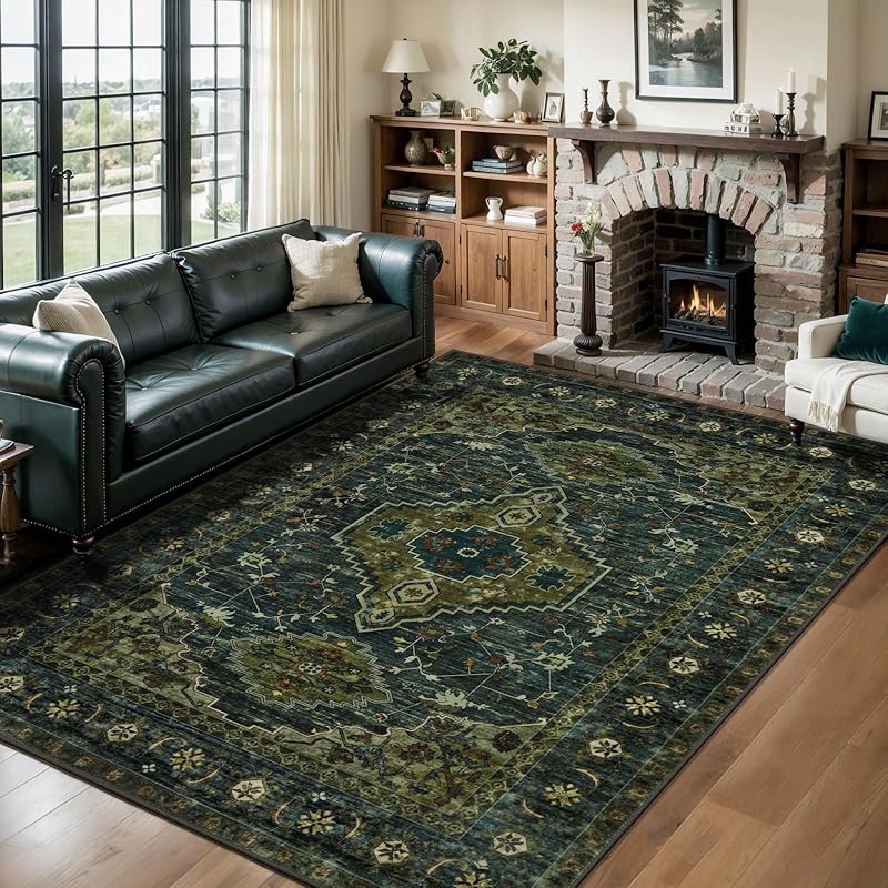Tangsoo Washable Entryway Rugs Vintage Olive Green Rug 2x3 Non Slip Small Area Rug, Front Door Boho Rugs, Print Distressed Door Mat Indoor Entrance 2  x 3  (Rectangular)