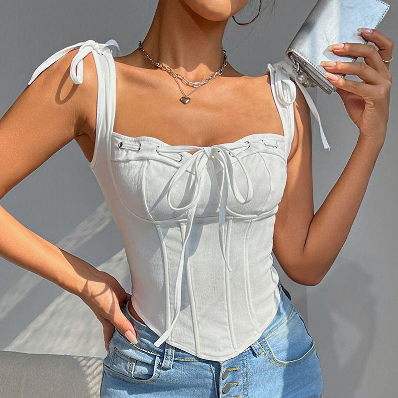 Cross-Border New Arrival Sexy Sexy Silm Fishbone Camisole Bow Bandage Square Collar Beautiful Back Tank-Top Women's Vest