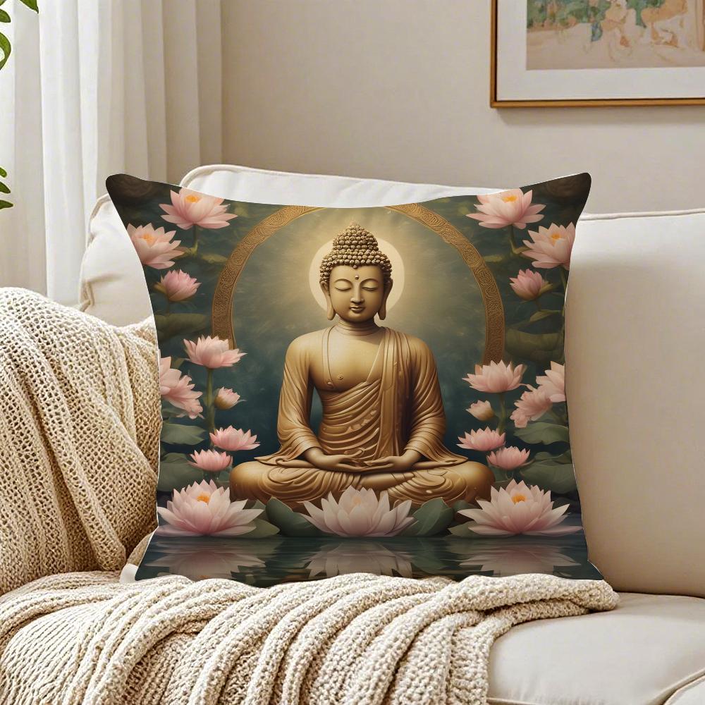 Buddha Statue And Lotus Cushion Cover Breathable Short Plush Pillow Cases Machine Washable Wrinkle-Resistant Soft Durable