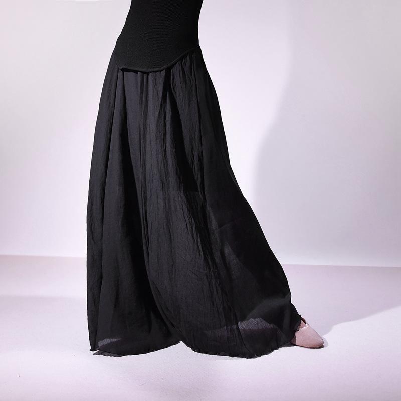 Women's Double Layer Cotton Linen Maxi Skirts Boho Solid Elastic High Waist Pleated A-Line Flowy Swing Long Maxi Skirts Soft Maxi Skirts for Women