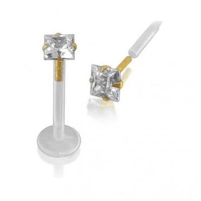 Bioflex Labret Lip Piercing Jewel With Zircon Head CZ Square 1.5mm 14k Gold