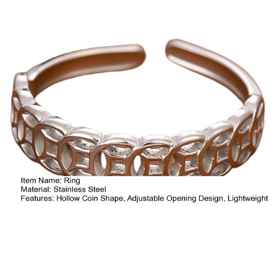 Women Ring Hollow Copper Coin Shape Adjustable Opening Design Finger Ring Fortune-Boosting Ring Versatile Jewelry Gift