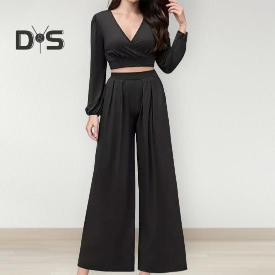 

Комплект из 2 шт./компл., женский топ, брюки, прямые широкие брюки с высокой талией, короткий топ с V-образным вырезом и длинными рукавами, OL, одежда для повседневного шоппинга S серый