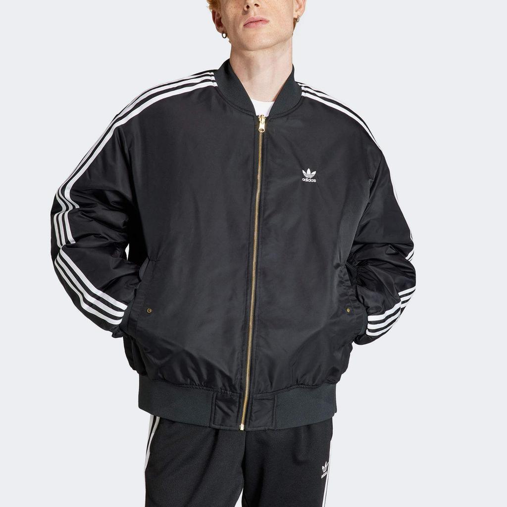 Adidas Originální pruhovaný design Reversibilní ležérní volná bavlněná bunda Pánská bunda Černá IW3641
