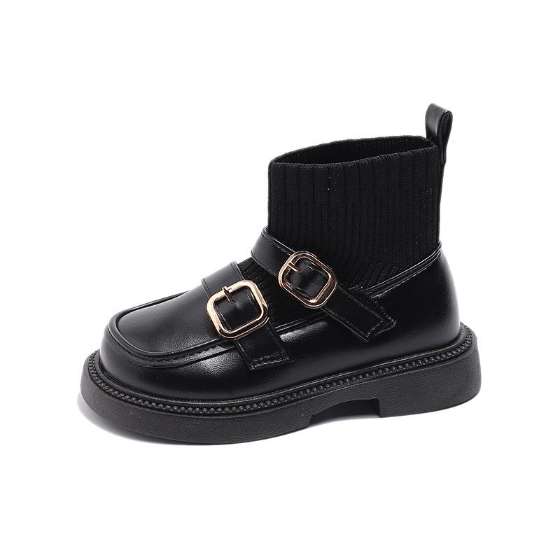 Girls' Black Retro Mary Jane Low-Cut Sock Boots - 2025 Autumn Fashion