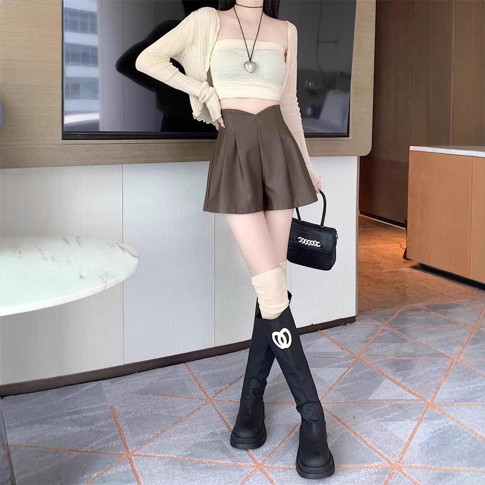 Autumn 2025 Women's High Waist A-line PU Leather Shorts - Loose, Casual Wide Leg Hip-Wrapping Design