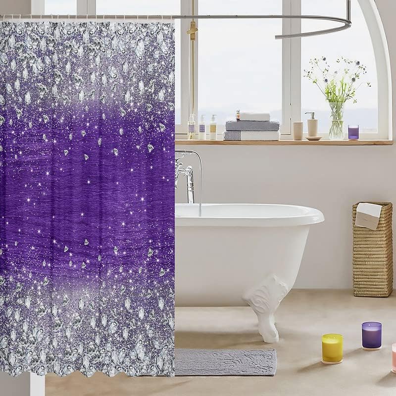 Purple Crystal Shower Curtain Sparkle Diamond Design Glamour Bathroom Decor Linen180X180