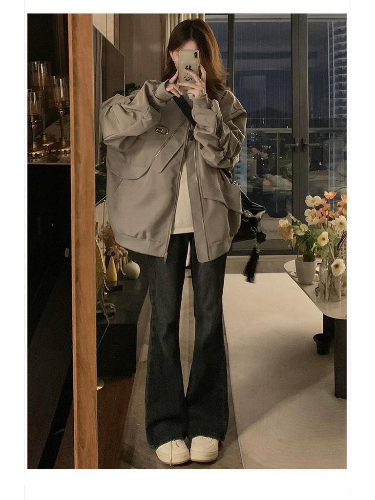 Women's Loose Irregular Flight Jacket - American High Street Style, Spring & Autumn Neutral Workwear Baseball Jacket.