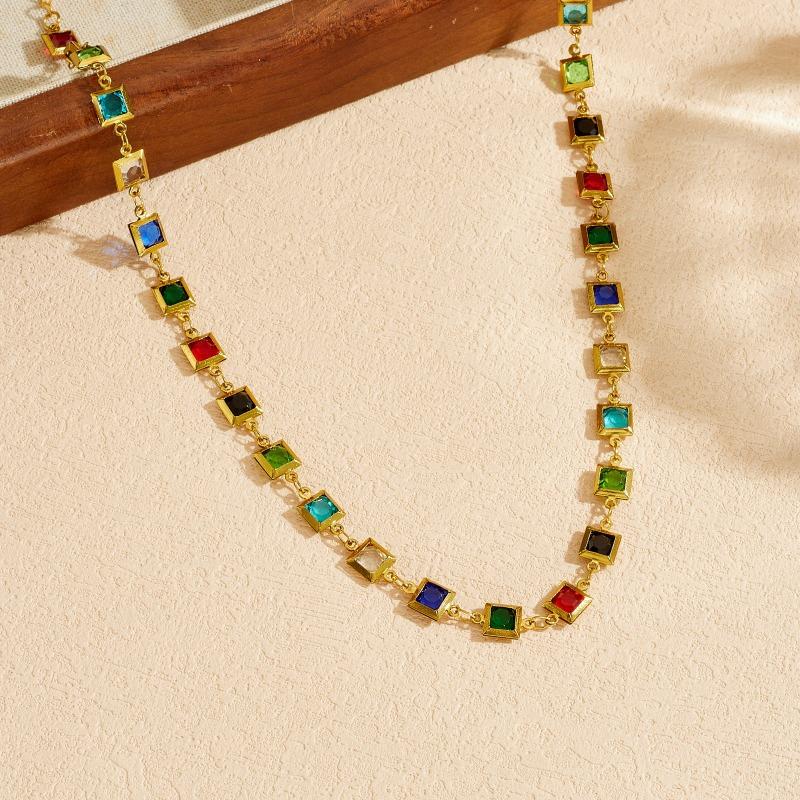 Gold Plated Multicolor Square CZ Jewelry Set, Stainless Steel Rainbow Gem Necklace Bracelet Set, Waterproof Boho Jewelry for Women Gift
