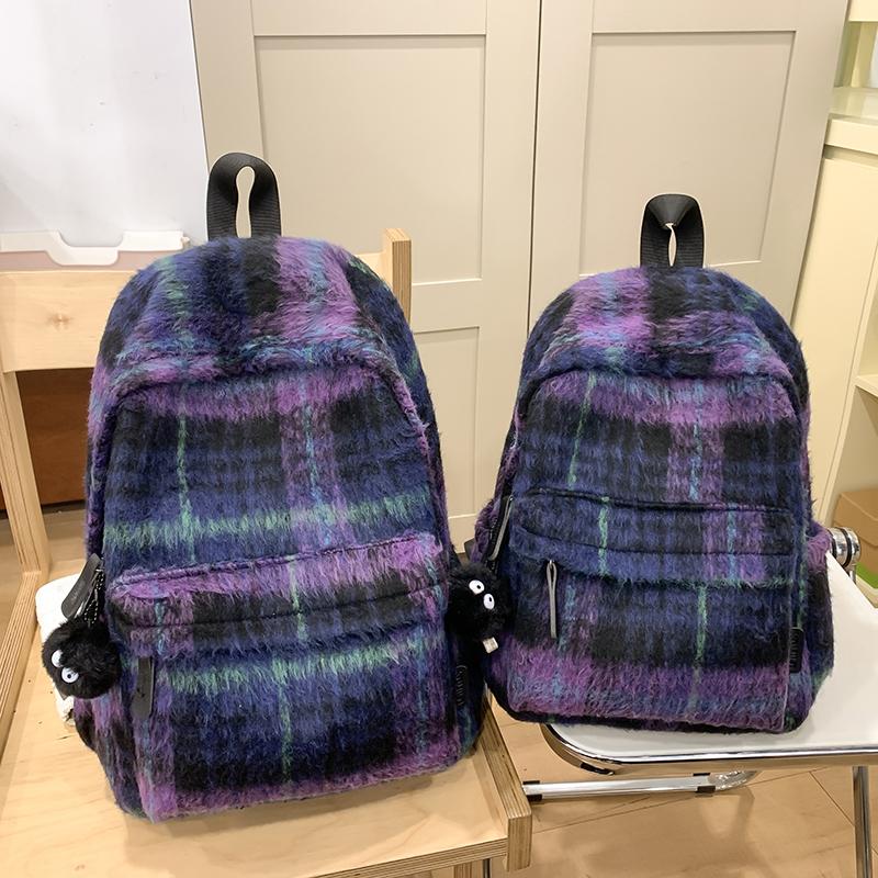 Vlněný kostkovaný studentský školní batoh s velkou kapacitou dámský batoh