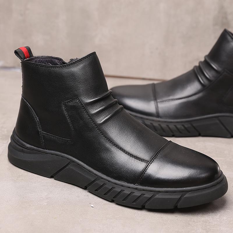 Men's Mid-Top Martin Boots with Soft Leather and Velvet-Lined, Zippered Autumn/Winter Casual Shoes