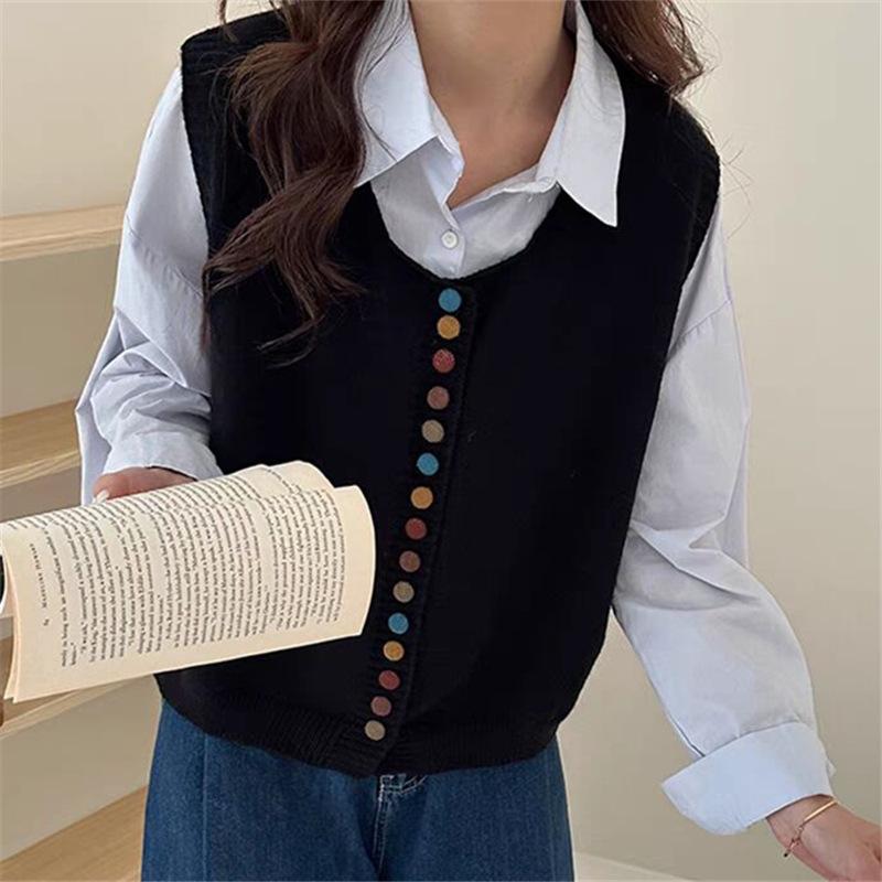 

Осень и зима новый топ без рукавов кардиган жилет ретро конфетная пряжка вязаный жилет темпераментный уменьшающий возраст свитер женский One Size чёрный