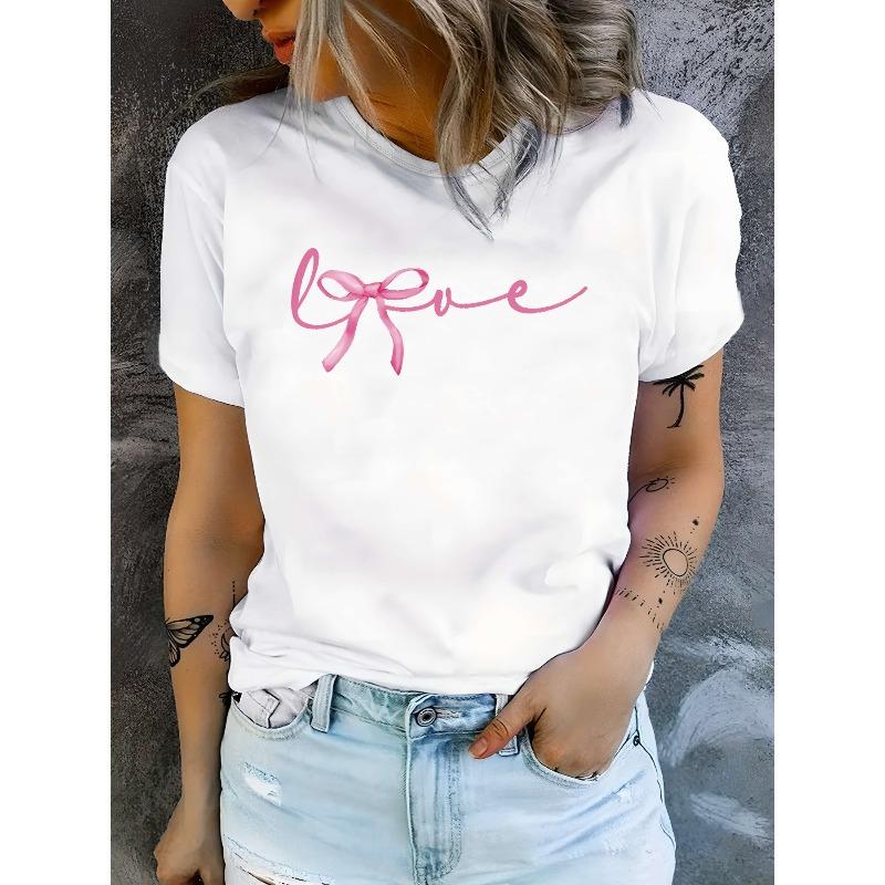 

Women s Pink Bowknot Geometric Letter Print T-Shirt Casual Crew Neck Short Sleeve Everyday Tee S белый